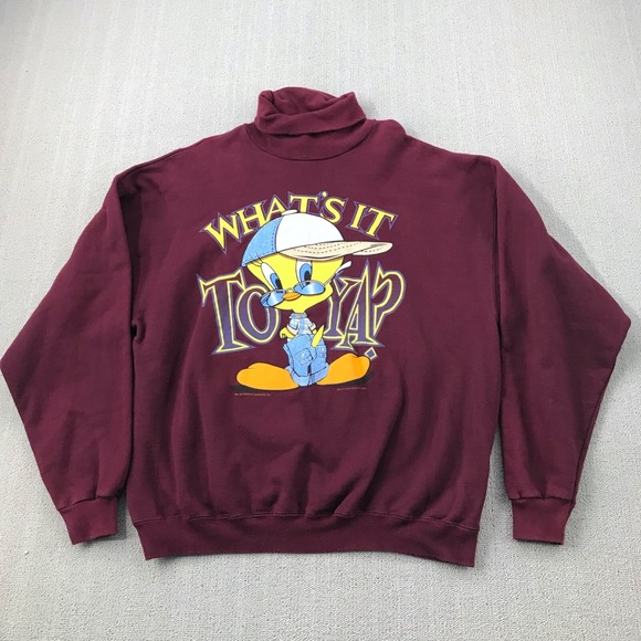 VINTAGE Looney Tunes Sweatshirt Mens XL Tweety Bird TurtleNeck